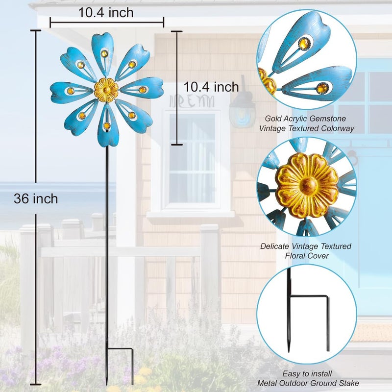 Senflame Flower Outdoor Metal Wind Spinner, Single-Layer Kinetic Garden Art with Vibrant Blue Finish - Weatherproof Wind Sculpture for Lawn, Patio, Yard Decor - 10''W x 36''H - Image 3